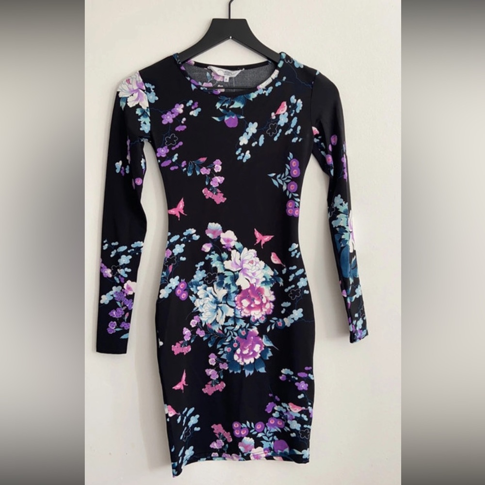 New Look Floral Long Sleeve Fitted Dress - Black and Purple
